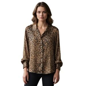 Lord & Taylor Womens Button Up Blouse Size 18W Brown Leopard Silk Office Career